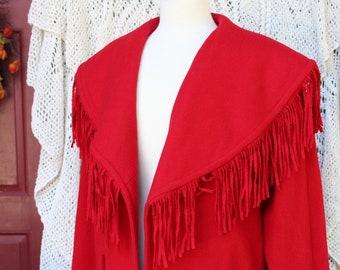 Ladies Oversized Red Wool / Nylon Fringed Dressy Cowgirl Jacket / Western Hip Length Wool Coat
