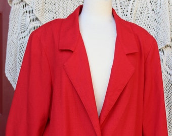 Ladies Christmas Red Blazer, 80s Made in USA Blazer Jacket, VINTG Linen Look Buttoned Blazer, Career Academia Preppy Office Wear - Size 18 W
