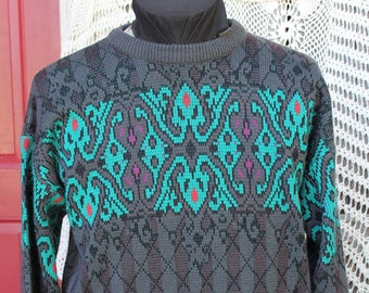 Men's Winter Sweater, VINTG Gray, Black, Turquoise Layering Sweater, Top, Diamond Pattern Ski Sweater, Oversize Pullover Sweater - Size LG