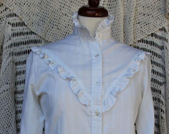 Classical Ruffle Ladies 80's Victorian White Ruffled Blouse, VINTG High Ruffled Collar ...