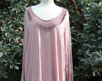 Damen romantisch viktorianischen zarten Rüschen & Lacey, weiche staubige rosa Perlen Upcycled Tunika - Größe 3X