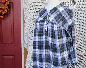 Ladies Plaid Nightgown, Vintage Blue, White Plaid Modest Pullover Nightgown, Cozy Flannel, Rustic Sleepwear, Loungewear, Pajamas - Size S