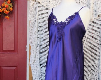 Ladies Dark Royal Purple Sexy Mid Length Slip Dress Nightgown Lingerie Sleepwear Loungewear