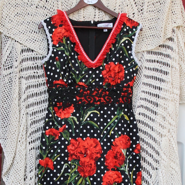 Ladies Flirtatiously Flirty Black / White Polka Upcycled Dress - Size 8 - with Red Flowers, Lace, Beads & Pearls