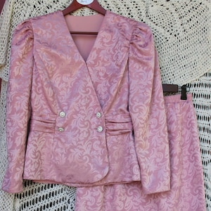 Ladies Dusty Pink Mother of the Bride Dress, Classy Suit, Puffed Sleeves, Peplum Double Breasted Jacket, Pencil Skirt, Bridal Wear - Size 12