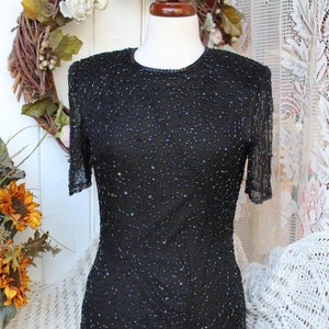 VNTG Black Silk Party Dress/90&#39;S Silky Nites Cocktail Club Dress/Black Sequined, Beaded Silk Formal, Evening, Bridal, Prom, Costume Dress