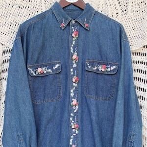 Ladies Romantic Victorian Flowers and Lace Upcycled Denim Shirt - Size M