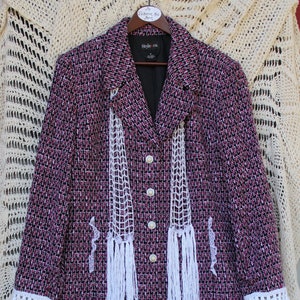 Ladies Plum Purple Tweed Elegance Long Blaze Jacket with Crocheted Scarf - Size 18