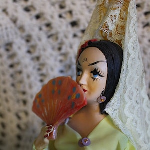 Midcentury Hand Painted Spanish Doll / Munecos Carselle Spanish Senorita 13&quot; Collector Doll / Spanish Dancer Doll On Stand / Doll Gift