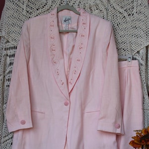 2 Tlg. Rosa Blazer-Rock-Set/VINTG Lt. Rosa Leinen-Look gefütterte Anzugjacke, Rock/Berufskarriere-Bürokleidung/Brautanzug - Größe 16 S