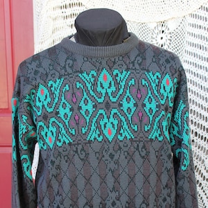 Suéter de invierno para hombre, VINTG Gris, Negro, Suéter de capas turquesa, Top, Suéter de esquí con patrón de diamantes, Suéter de gran tamaño - Tamaño LG