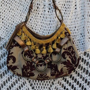 Gobelin Handtasche / Burgunder, Bronze Gold Ton Stoff, Fransen, Scrunched One of A Kind Handtasche / Neu, Upcycling