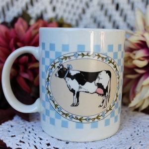 80s Holstein Cow Mug, Coffee Mug, Tea Mug, VINTG White, Blue Checkered Farm Animal Ceramic Mug with Handle, Cow Drinkware, Cow Mug, Mug Gift