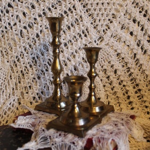 Trio Brass Candlesticks, VINTG Heavy Brass Taper Holders, Set of 3 Brass Square Pedestal Stair Step Candle Holders, Home Decor Gift, Hostess