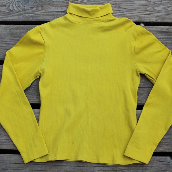 Kids (Youth) '70s Bright Yellow 100% Stretch Nylon Turtleneck / '70s Fashion Unisex Ribbed Yellow Long Sleeve Turtleneck / Top Size M 10-12