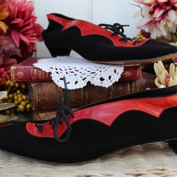 Ladies Black Velvet, Mid Century Pumps, Pointed Toe, Lace Up, Low Heel, Scalloped Black, Red Gothic Heels, Victorian Kitten Heels, Costume