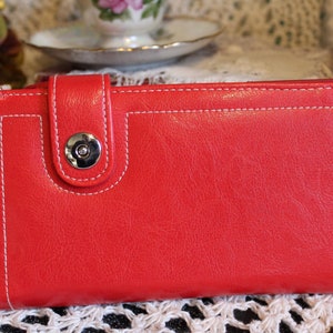 Damen Rot Vegan Geldbörse, Clutch VINTG breite Nähte, Druckknopfverschluss, Geldbörse Brieftasche, sportliche Damen Geldbörse