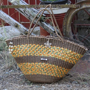 Gran Upcycled Casually Diversión & Versátil Marrón / Naranja Verde Wicker Beachy, Shopping Tote / Bolso