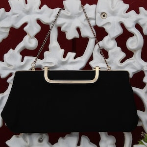 Ladies Fun & Classy Vintage 50's Small Black Fabric with Gold Tone Fold Over Clasp Closure Clutch / Purse image 1