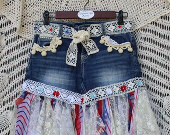 Ladies Festive Red / White / Blue Stars and Stripes Shabby Chic Cowgirl Refashioned Jean Shorts - Size 7