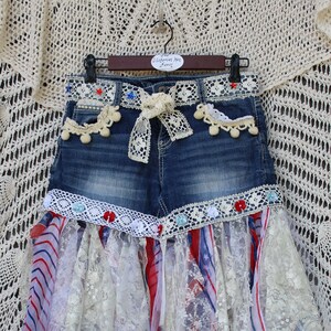 Ladies Festive Red / White / Blue Stars and Stripes Shabby Chic Cowgirl Refashioned Jean Shorts - Size 7