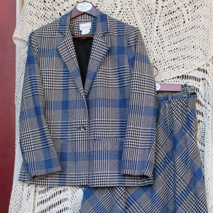Ladies &#39;70s Navy Blue Plaid Skirt / Jacket Suit Set Polyester-Wool A-Style Mid Length Skirt, Dressy Suit Jacket / Blazer Outfit Office Wear