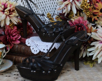 Ladies 90's Wood Look Strappy Platform Sandal Heels / Tall Platform Open Toe Heels / 70's Look Disco High Heels - Size 10