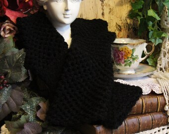 Ladies Hand Crocheted Velvety Gothic Black Long Fingerless Gloves - One Size