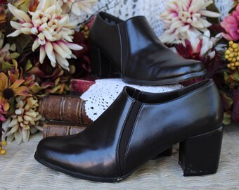 Ladies Dressy Chocolate Negro Marrón Vegano Slip-on Loafer / Chunky, Block Heel Stretch Panel Square Toe Heeled Loafer - Tamaño 7M