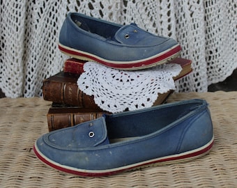 Ladies Vintage Distressed Blue / Red / White Canvas Boater Shoes / Loafers - Size 6