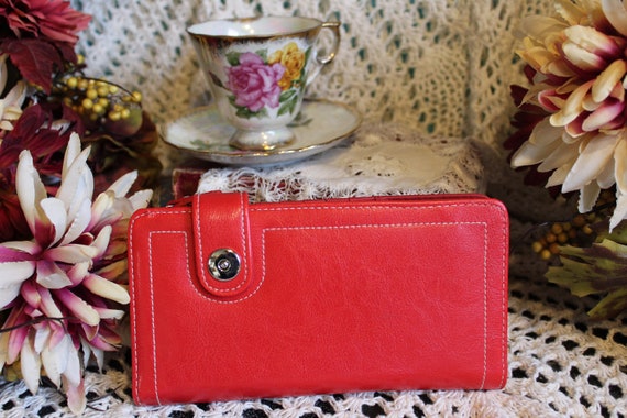 Ladies Red Vegan Wallet, Clutch VINTG Wide Stitch… - image 2