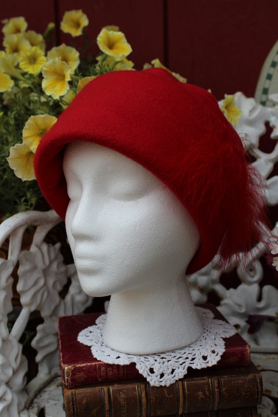 Ladies Vintage Bright Red Cute and Warm Fleece Hat