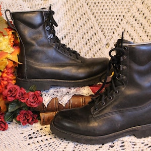 Zwarte leren werklaarzen/unisex VNTG-rotslaarzen/90's grunge streetwear kamperen wandelen wandelaar militaire gevechtslaarzen cadeau/VNTG werklaars cadeau
