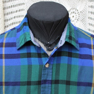 Men&#39;s Vintage Blue / Green / Yellow / Black Plaid Button Down Work / Layering Flannel by Saugatuk Drygoods Co. LTD. - Size Large / Tall