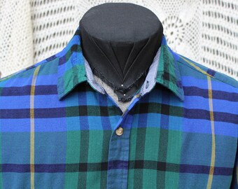 Men's Vintage Blue / Green / Yellow / Black Plaid Button Down Work / Layering Flannel by Saugatuk Drygoods Co. LTD. - Size Large / Tall