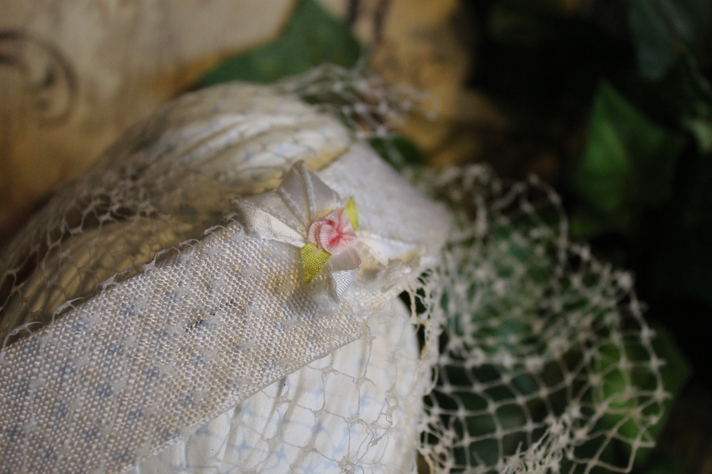 Ladies Vintage White With Pink Flowers Ribbon & Netting Etsy