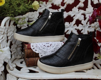 Ladies Vintage Negro / Blanco Croc Look Plataforma con cremallera Botín / Zapatilla / High Top - Talla 6 1/2