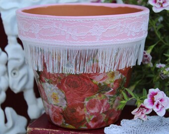 The Victorian Roses & Lace 6&quot; Round Hand Painted Flower Pot