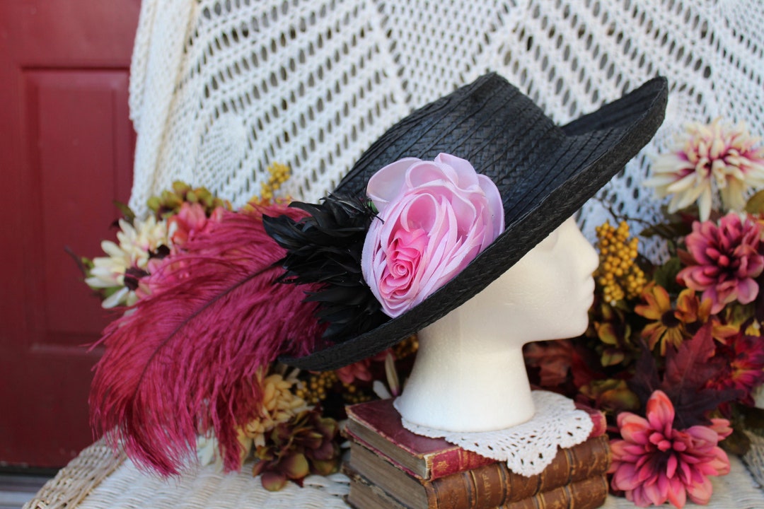 Ladies Black Tea Party Hat, VINTG Victorian Wide Brim, Ostrich Plume