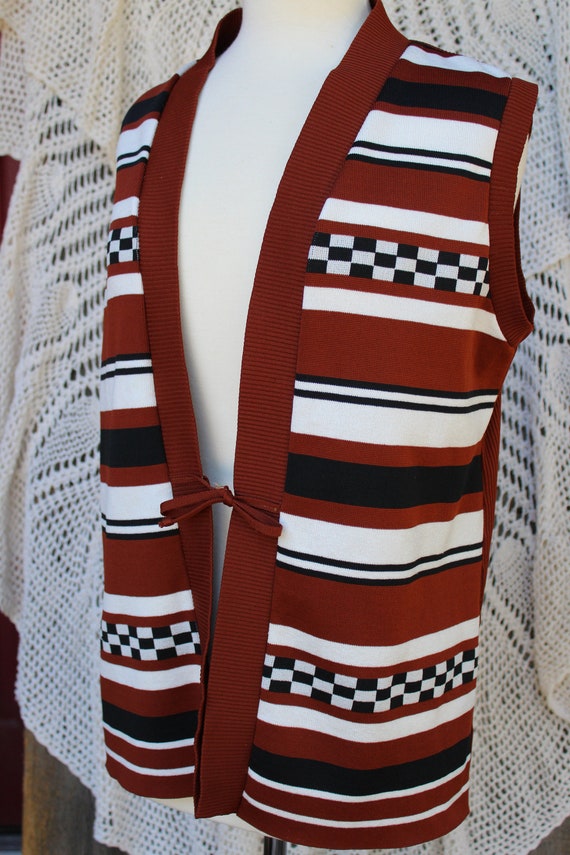 Ladies Alice Kay Vintage 60's Checkered / Striped Brown, Black, White Polyester Vest