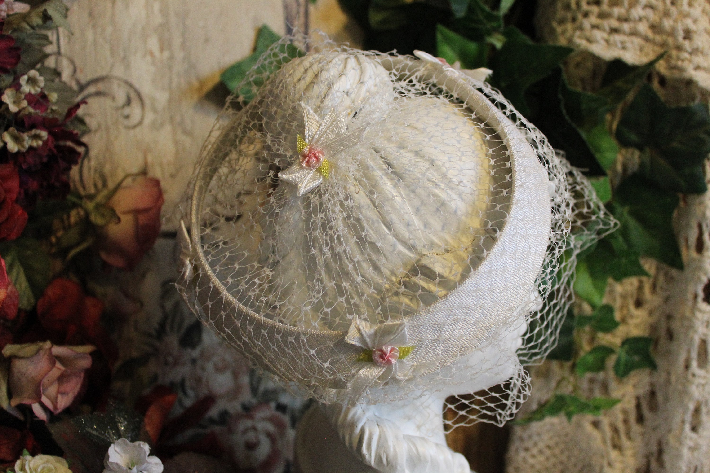 Ladies Vintage White With Pink Flowers Ribbon & Netting Etsy
