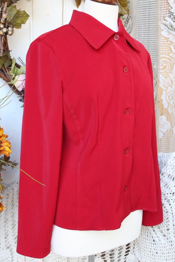 Red Polyester Fitted Blouse, 90's Dagger Collar L… - image 2