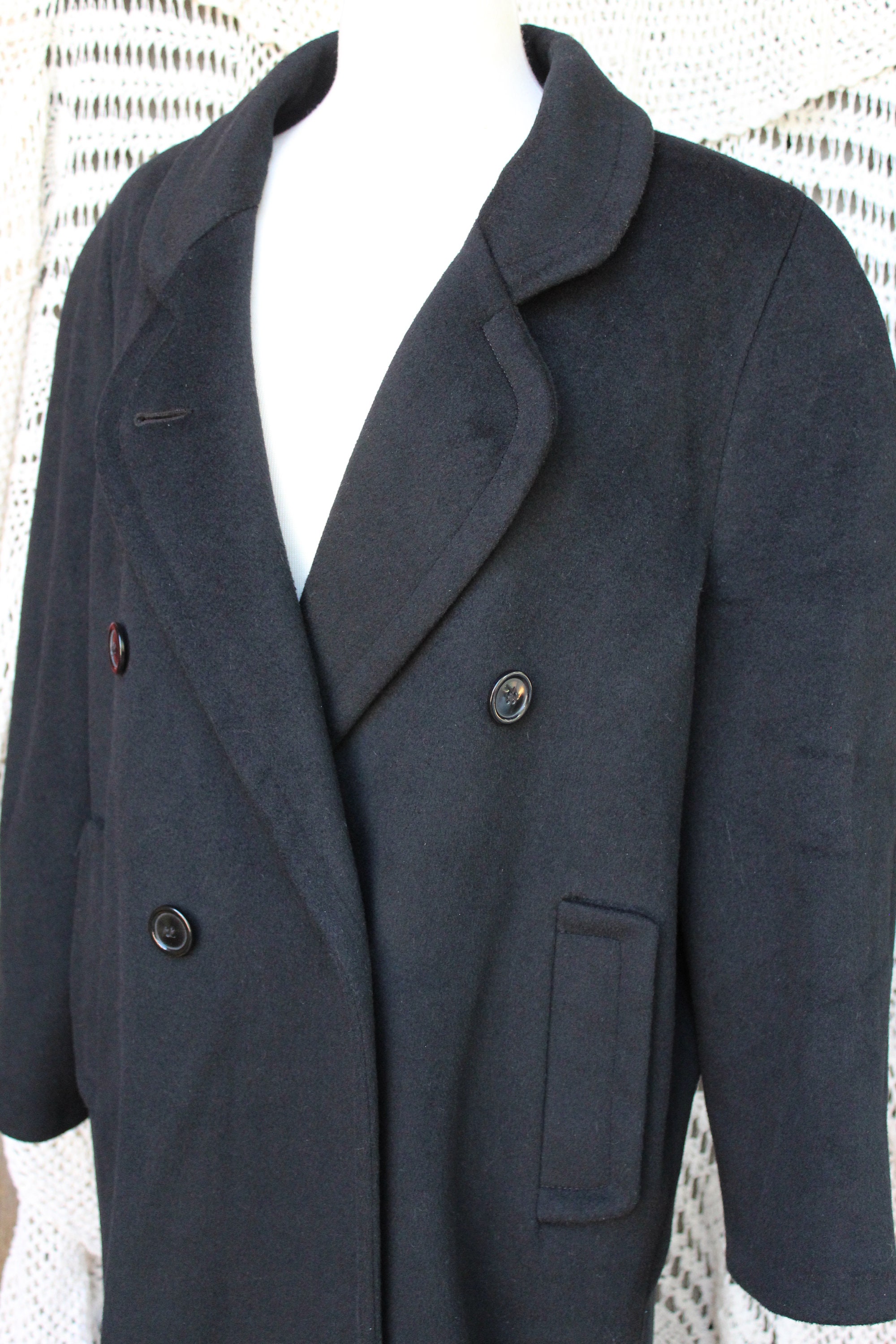 Ladies Vintage Double Breasted Long Black Wool Nylon Dressy Coat