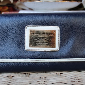 Bleu marine / blanc végétalien pliable sur portefeuille / '90s, Y2K Organizer Tri-Fold Billfold / Large Ladies Wallet / Clutch