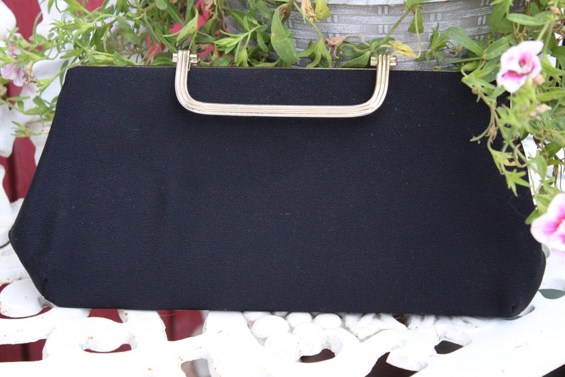 Ladies Fun & Classy Vintage 50's Small Black Fabric with Gold Tone Fold Over Clasp Closure Clutch / Purse image 3