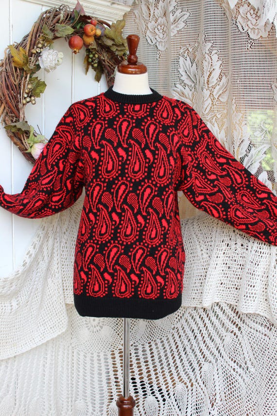 80er Schwarz, Rot Pullover Pullover/Damen VNTG Soft Acrylic Knit