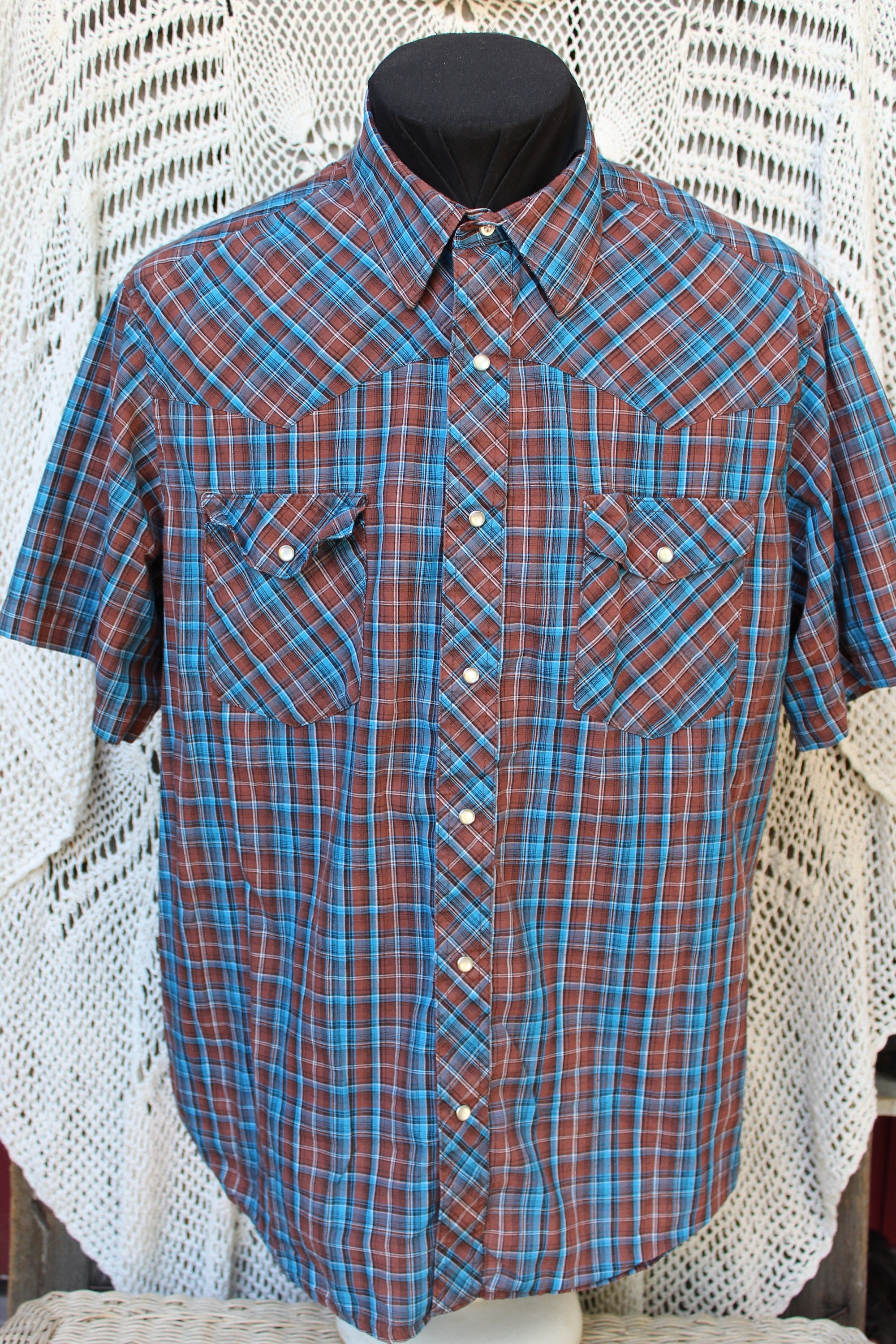 Camisa Wrangler a cuadros azul para hombre, algodón VINTG, cierre