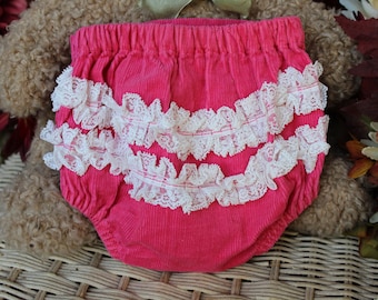 6-9 Mos. Corduroy Bloomers / Vintage Baby's White Ruffled, Bright Pink Corduroy Snap Closure Diaper Cover / Fancy Bloomers, Underpants