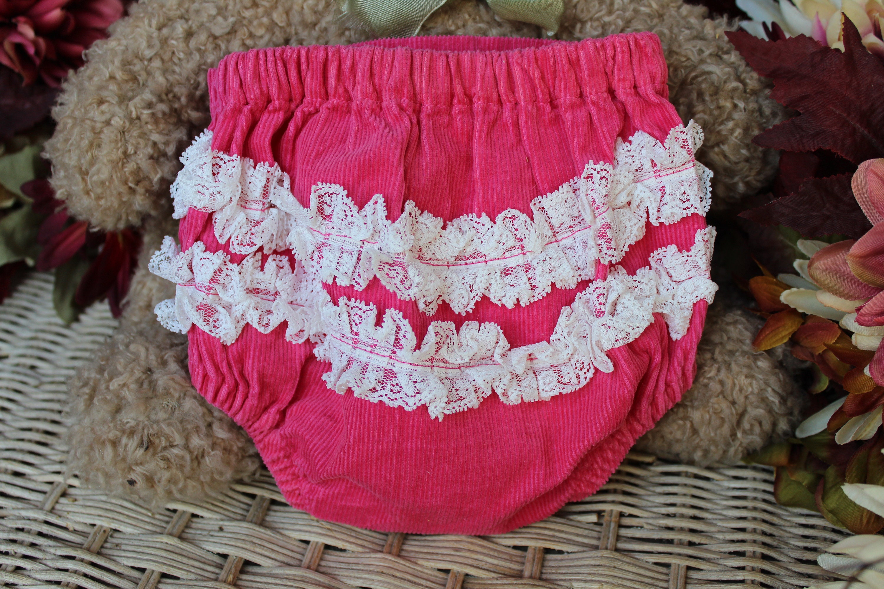 6-9 Mos. Corduroy Bloomers / Vintage Baby's White Ruffled, Bright Pink Corduroy Snap Closure Diaper Cover / Fancy Bloomers, Underpants