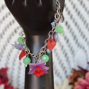 Fairy Charm Bracelet, Vintage Beaded, Charm, Silvertone Chain, Flowers Bracelet, Costume Jewelry Gift Summer Costume Jewelry Floral Bracelet